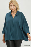 Collared V Neck Top with Scallop Hem in Slate Blue