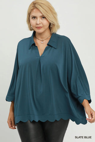 Collared V Neck Top with Scallop Hem in Slate Blue
