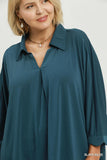 Collared V Neck Top with Scallop Hem in Slate Blue