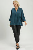 Collared V Neck Top with Scallop Hem in Slate Blue
