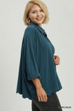 Collared V Neck Top with Scallop Hem in Slate Blue