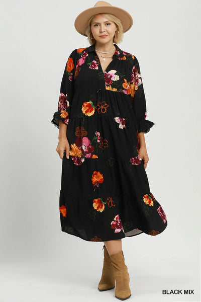 Black Floral Collared Tiered Dress
