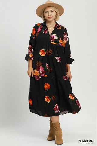 Black Floral Collared Tiered Dress