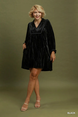Black Velvet Dress with Lace Trimming