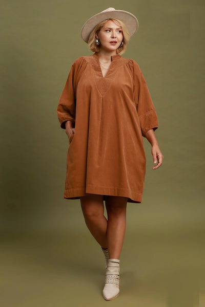 Corduroy Contrast Stitch Dress in Camel