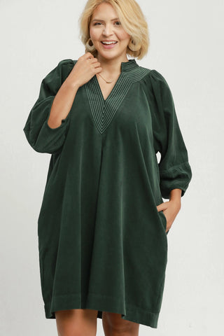 Corduroy Contrast Stitch Dress in Green