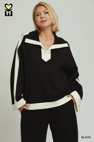 Collared Colour Block Luxe Knit Top in Black