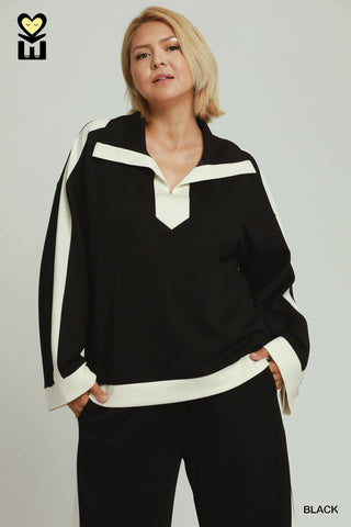 Collared Colour Block Luxe Knit Top in Black