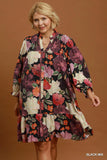 Floral Smocked Yoke Button Up Dress in Black