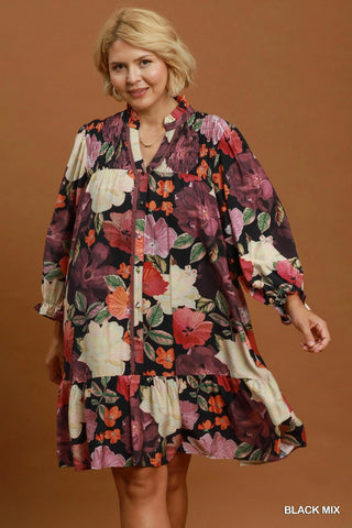 Floral Smocked Yoke Button Up Dress in Black