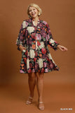 Floral Smocked Yoke Button Up Dress in Black