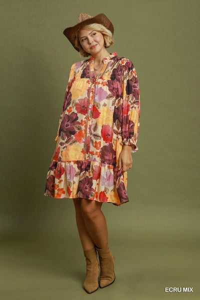 Floral Smocked Yoke Button Up Dress in Ecru