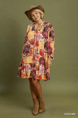 Floral Smocked Yoke Button Up Dress in Ecru