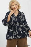 Lace Trim Navy Floral Button Up Top
