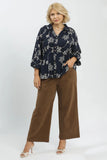 Lace Trim Navy Floral Button Up Top