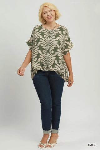 Abstract Print Bubble Hem Top in Sage