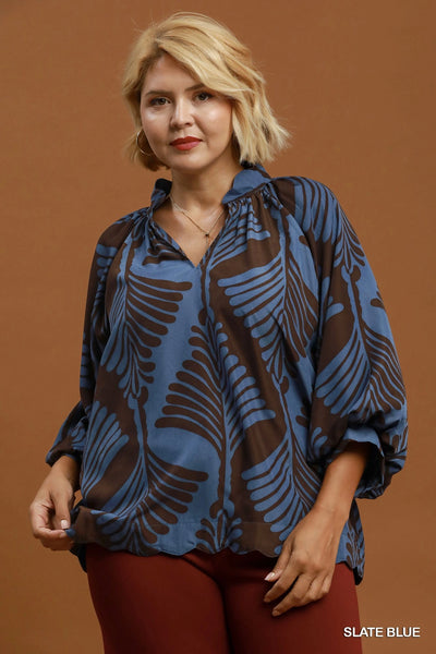 Two Tone Leaf Print Top in Slate