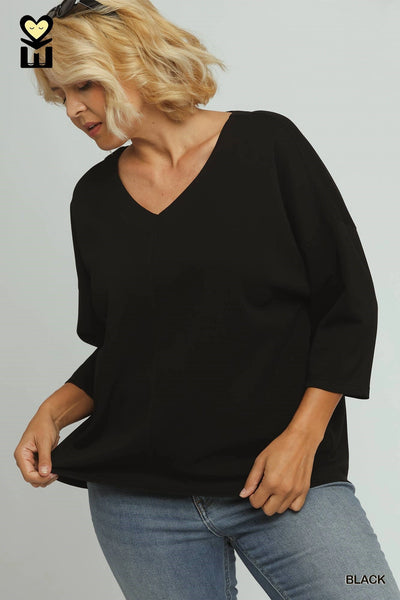 Luxe 3/4 Sleeve V Neck Top in Black
