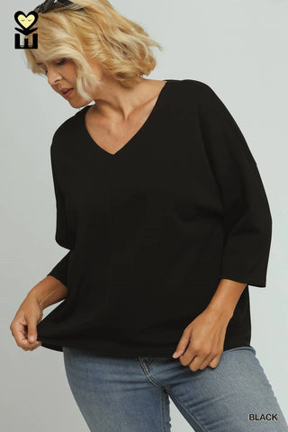 Luxe 3/4 Sleeve V Neck Top in Black