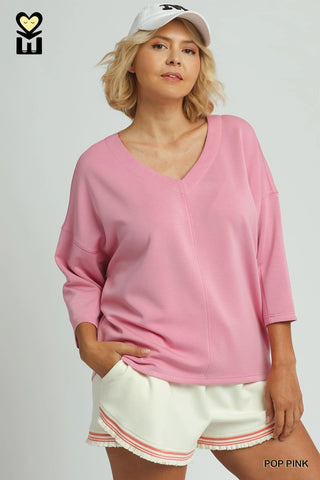 Luxe 3/4 Sleeve V Neck Top in Pink