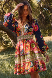 Border Print Navy Floral LS Dress