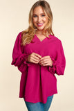 Smocked Cuff  V Neck Pleat Top in Black