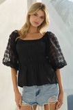 Sheer Circle Sleeve Smocked Cotton Top