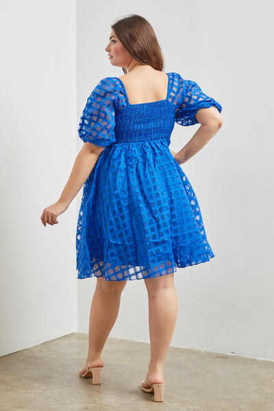 Textured Checker Pattern Dress in Blue – Gussied Up