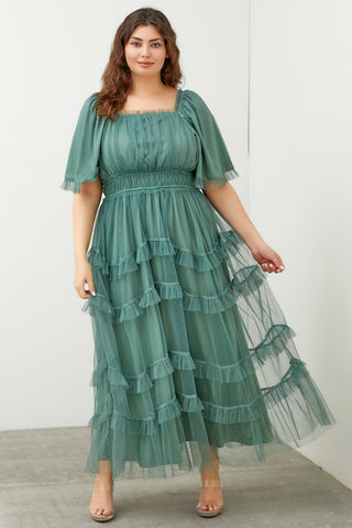 Soft Tulle Tiered Maxi Dress in Green