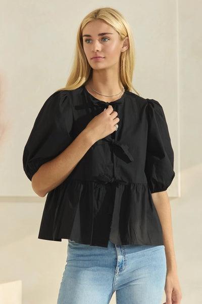 Poplin Front Tie Top in Black