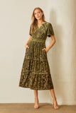 Velvet Floral Burnout Midi Dress in Olive