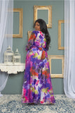 Purple Blossom Print Chiffon Gown