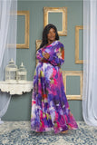 Purple Blossom Print Chiffon Gown