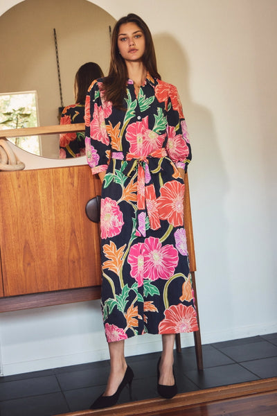 Navy & Vibrant Floral Shirt Dress