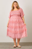Pink Floral Tulle Tiered Dress