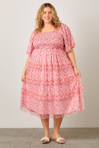 Pink Floral Tulle Tiered Dress