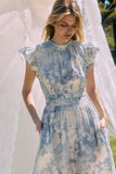 Soft Blue Floral Ruffle Neck Dress