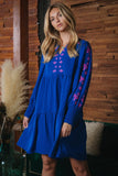 Pink Embroidered Tiered Dress in Royal Blue