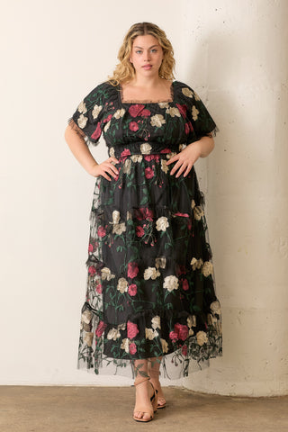 Floral Applique Tulle Maxi in Black