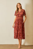 Velvet Floral Burnout Midi Dress in Rust