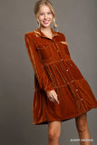 Copper Velvet Button Up Dress