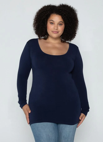 Bamboo Long Sleeve Scoop Neck Top in Navy