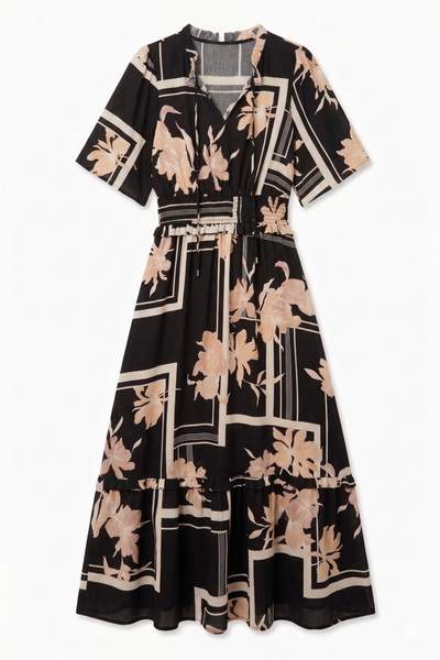 Black & Neutral Floral Geo Print Midi