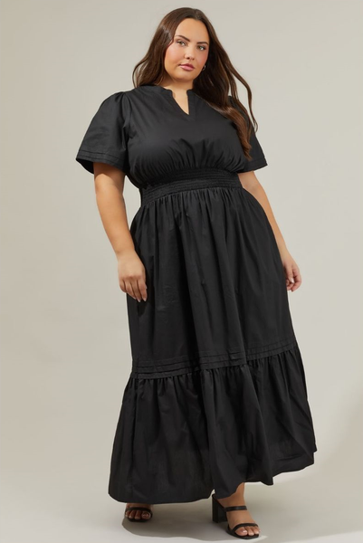 Solid Tiered Cotton Maxi Dress in Black