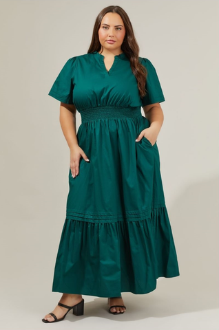 Solid Tiered Cotton Maxi Dress in Emerald