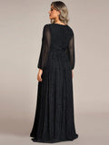 Long Sleeve Shimmery Pleat Gown in Black