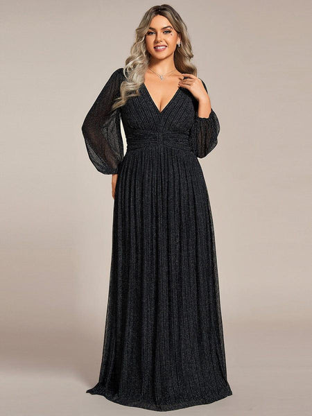 Long Sleeve Shimmery Pleat Gown in Black
