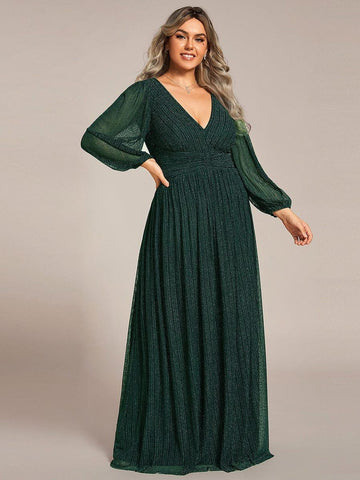 Long Sleeve Shimmery Pleat Gown in Green