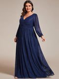 Long Sleeve Shimmery Pleat Gown in Navy
