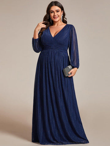 Long Sleeve Shimmery Pleat Gown in Navy